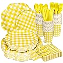 Houuqe 400 Pcs Gingham Party Supplies for 50 Guests Easter Party Yellow and White Scalloped Paper Plates and Napkins Knives Spoon Fork Cup Disposable