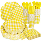 Houuqe 400 Pcs Gingham Party Supplies for 50 Guests Easter Party Yellow and White Scalloped Paper Plates and Napkins Knives Spoon Fork Cup Disposable