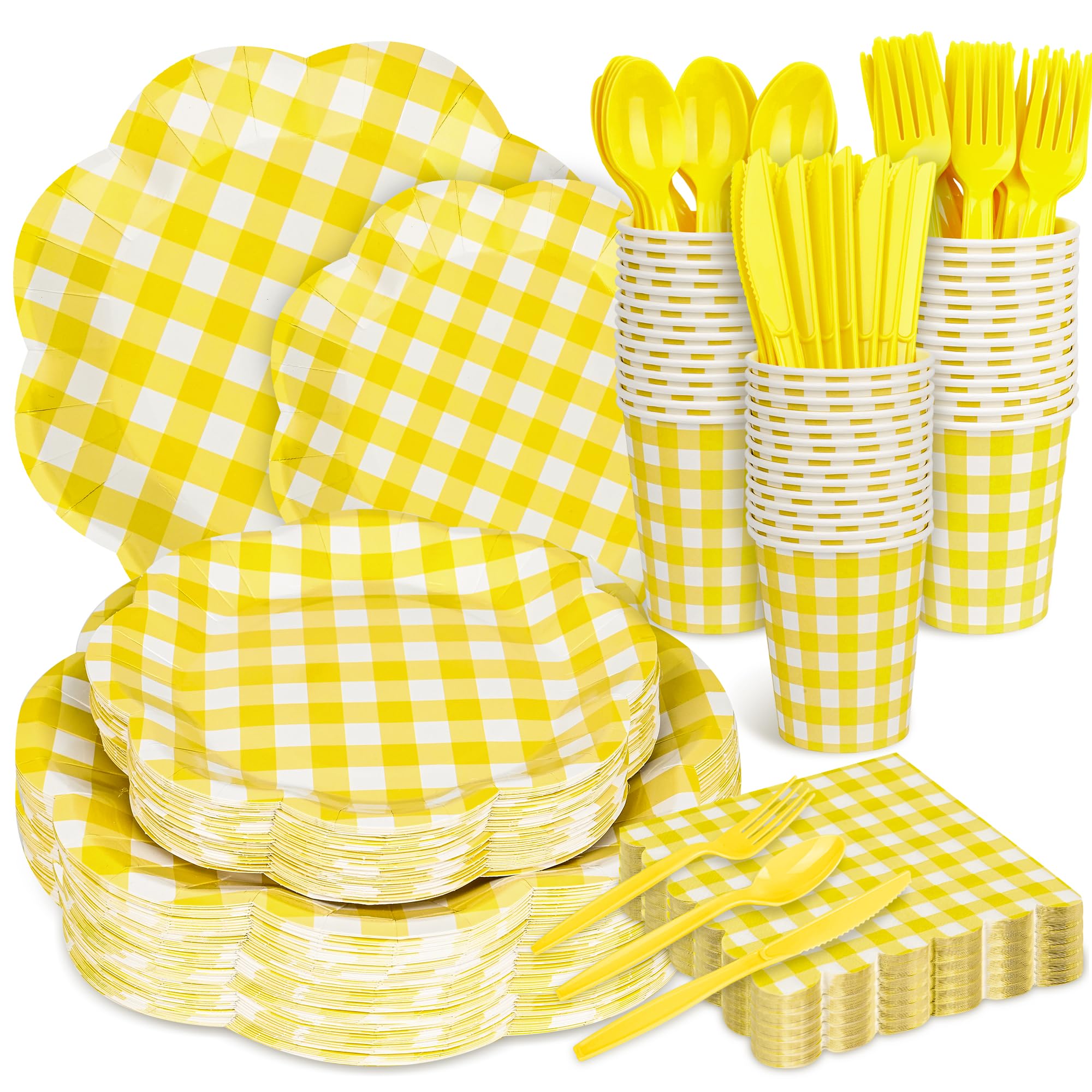 Houuqe 400 Pcs Gingham Party Supplies for 50 Guests Easter Party Yellow and White Scalloped Paper Plates and Napkins Knives Spoon Fork Cup Disposable