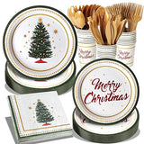 Dereinwo 175 Pcs Christmas Tree Party Supplies Table Set Christmas Paper Plates Napkins Cups Forks Knifes Spoons for Xmas Green and White Disposable