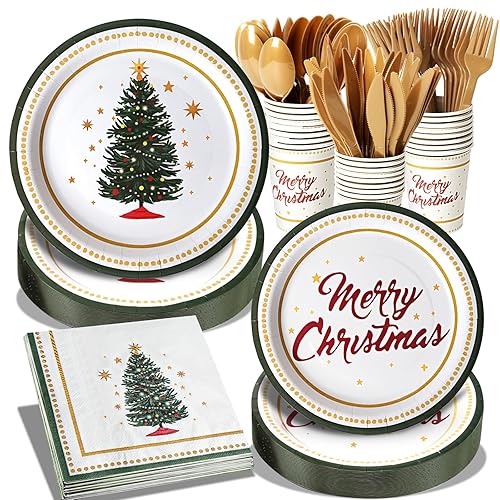 Dereinwo 175 Pcs Christmas Tree Party Supplies Table Set Christmas Paper Plates Napkins Cups Forks Knifes Spoons for Xmas Green and White Disposable