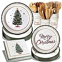 Dereinwo 175 Pcs Christmas Tree Party Supplies Table Set Christmas Paper Plates Napkins Cups Forks Knifes Spoons for Xmas Green and White Disposable