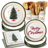 Dereinwo 175 Pcs Christmas Tree Party Supplies Table Set Christmas Paper Plates Napkins Cups Forks Knifes Spoons for Xmas Green and White Disposable