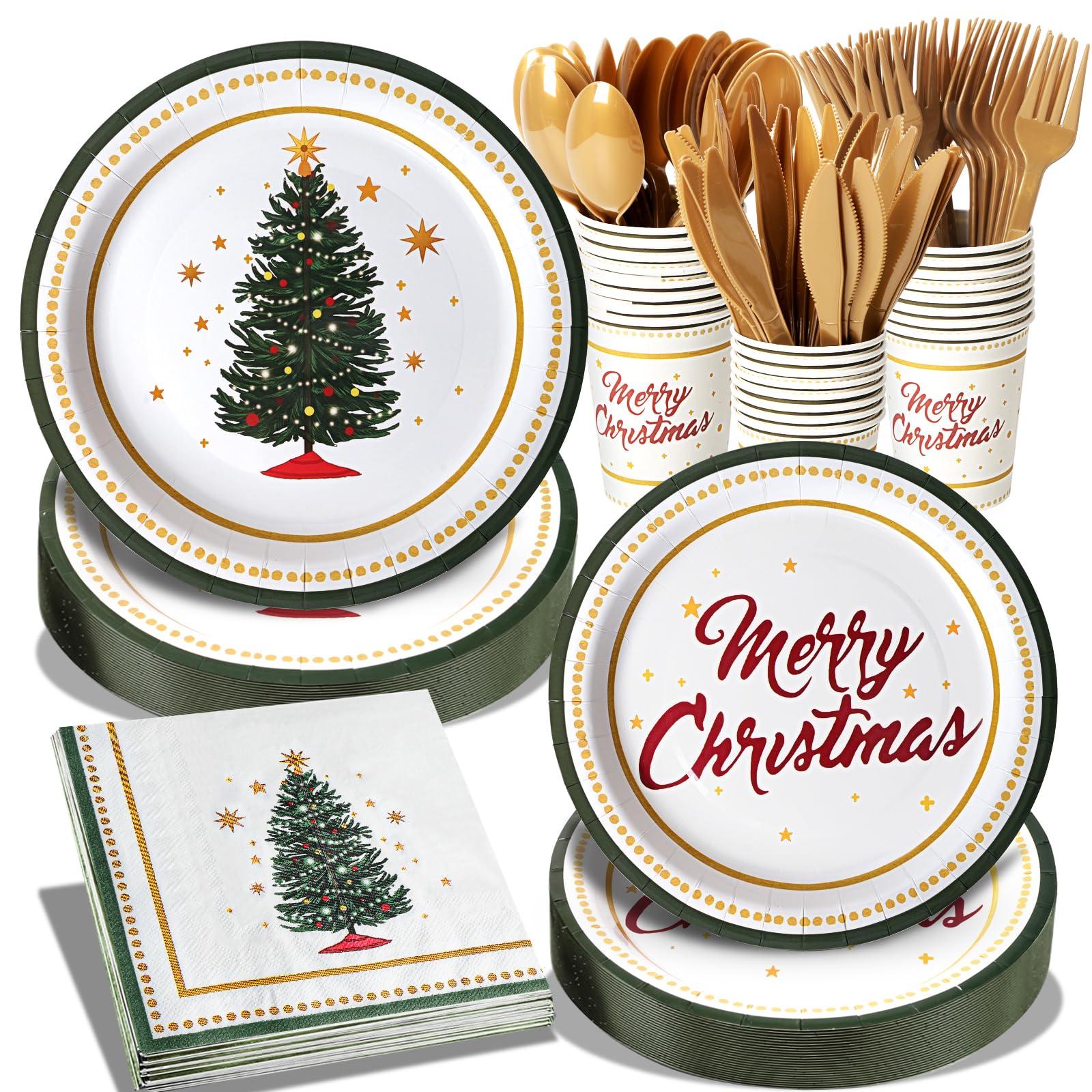 Dereinwo 175 Pcs Christmas Tree Party Supplies Table Set Christmas Paper Plates Napkins Cups Forks Knifes Spoons for Xmas Green and White Disposable