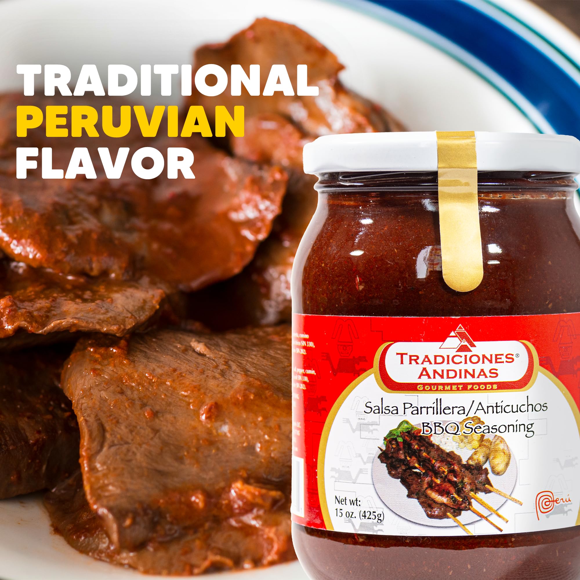 Tradiciones Andinas Peruvian Anticucho Sauce 15 oz - Aderezo Para Anticuchos, Marinade Brochette Paste Peru, Roasted Peruvian Seasoning, Salsa BBQ