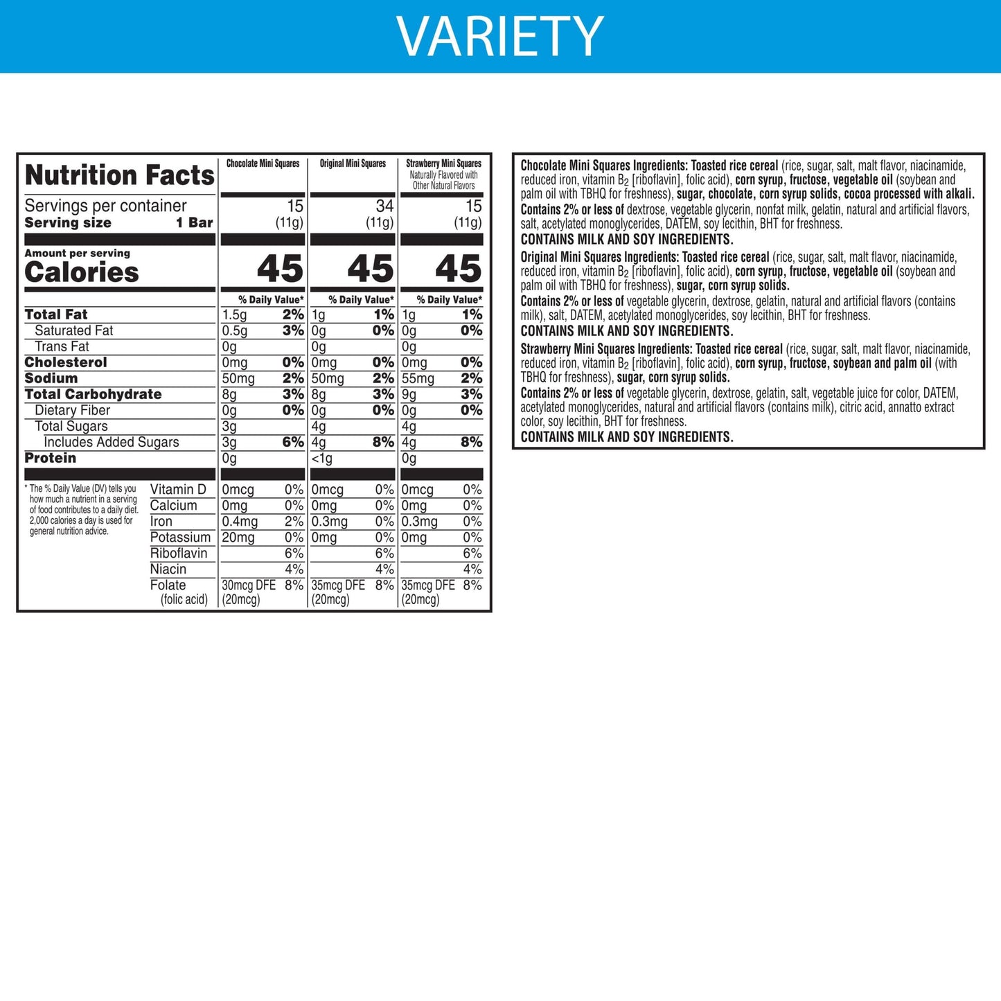 Rice Krispies Treats Mini Marshmallow Snack Bars, Kids Snacks, Variety Pack, 24.8oz Box (64 Bars)