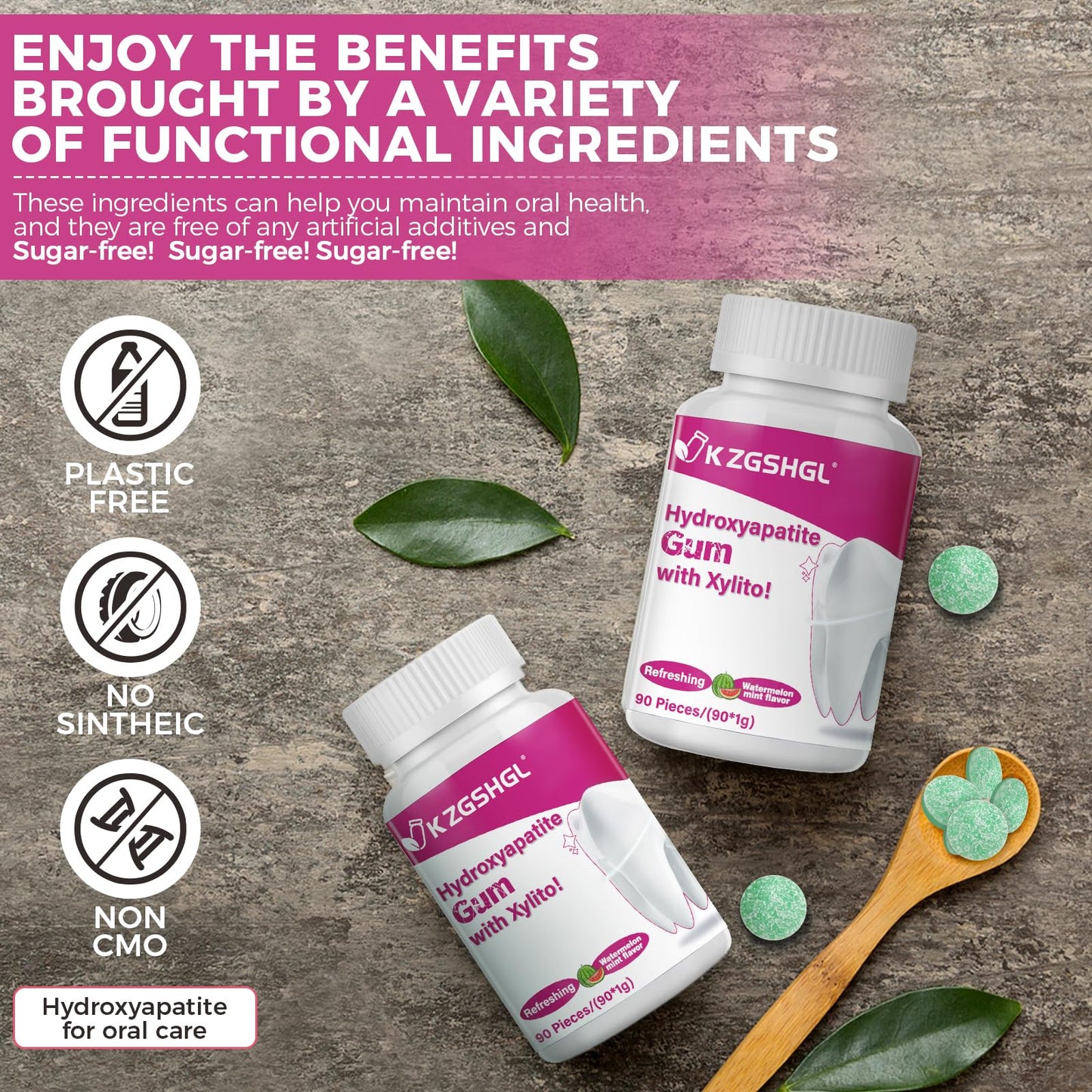 Hydroxyapatite Gum, 90 Pieces, Good for Teeth Remineralization, Sugar-Free Watermelon Chewing Gum with Xylitol, Two pieces after meals to freshen