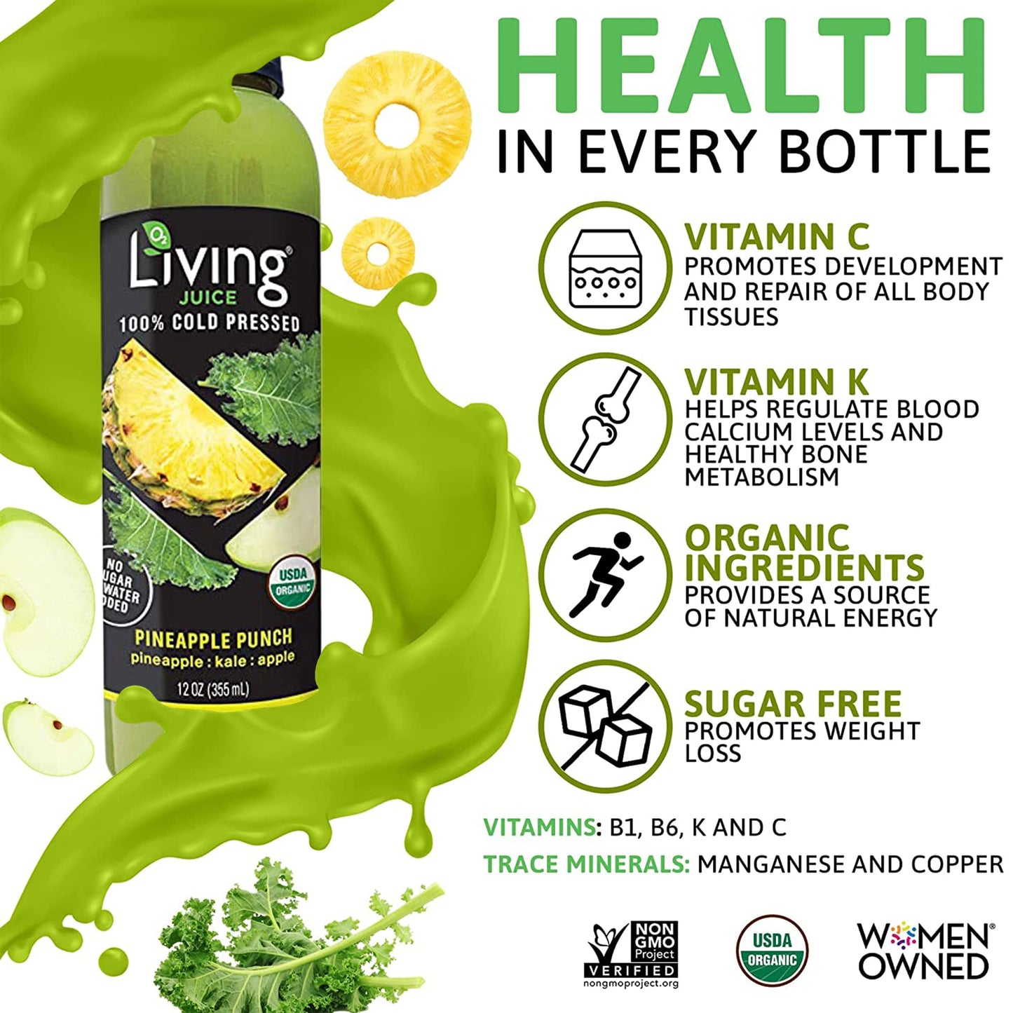 O2 Living Juice Cold Pressed Drink - Pineapple Punch Organic Juice Pack - No Added Sugars or Water, Naturally Sweetened from Fruits, Rich in Nutrients