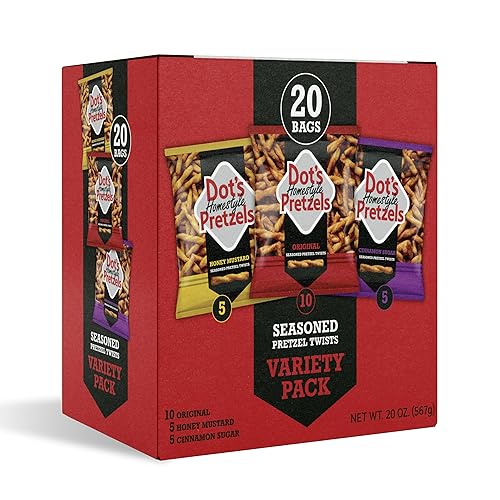 Dot's Pretzels Variety Pack, Original, Honey Mustard, and Cinnamon Sugar Pretzel Twist Snack, 1oz Individually Sized Bags (20 Count)