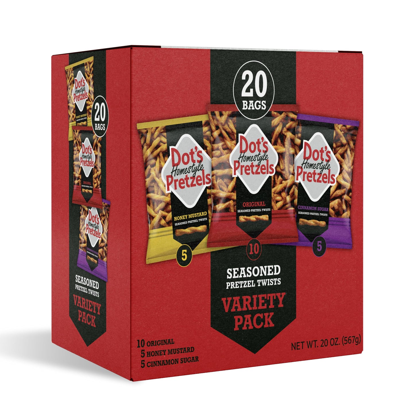Dot's Pretzels Variety Pack, Original, Honey Mustard, and Cinnamon Sugar Pretzel Twist Snack, 1oz Individually Sized Bags (20 Count)