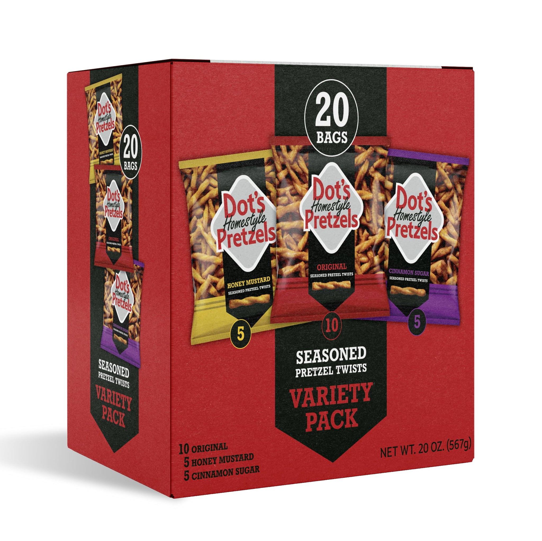 Dot's Pretzels Variety Pack, Original, Honey Mustard, and Cinnamon Sugar Pretzel Twist Snack, 1oz Individually Sized Bags (20 Count)
