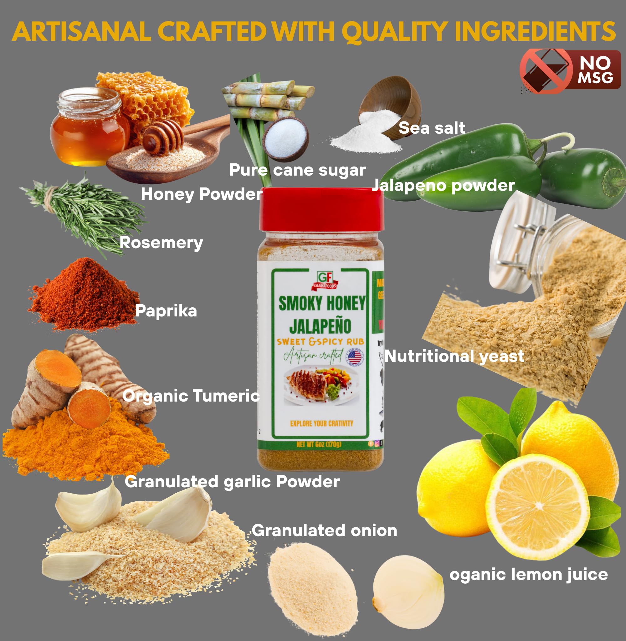 GEENAFOODS SMOKY HONEY JALAPENO GILL RUB flavorful blend Powder with pure Jalapeno powder and and Dehydrated honey ,Sweet Heat for chicken , meat
