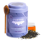JusTea CREAM EARL GREY | Loose Leaf Black Tea | Tin with Hand Carved Tea Spoon | 40+ Cups (3.2oz) | High Caffeine | Award-Winning | Fair Trade |