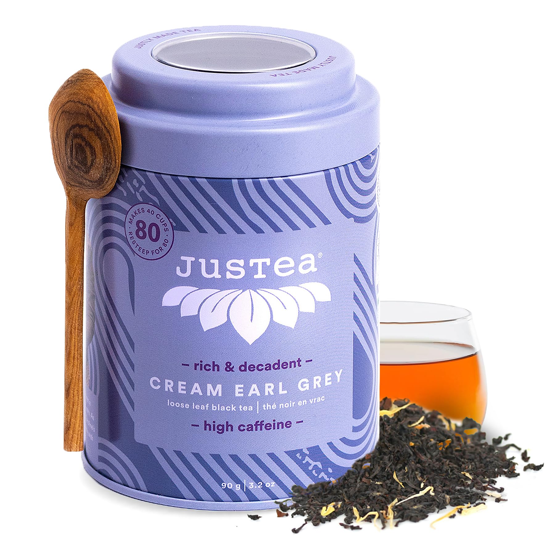 JusTea CREAM EARL GREY | Loose Leaf Black Tea | Tin with Hand Carved Tea Spoon | 40+ Cups (3.2oz) | High Caffeine | Award-Winning | Fair Trade |