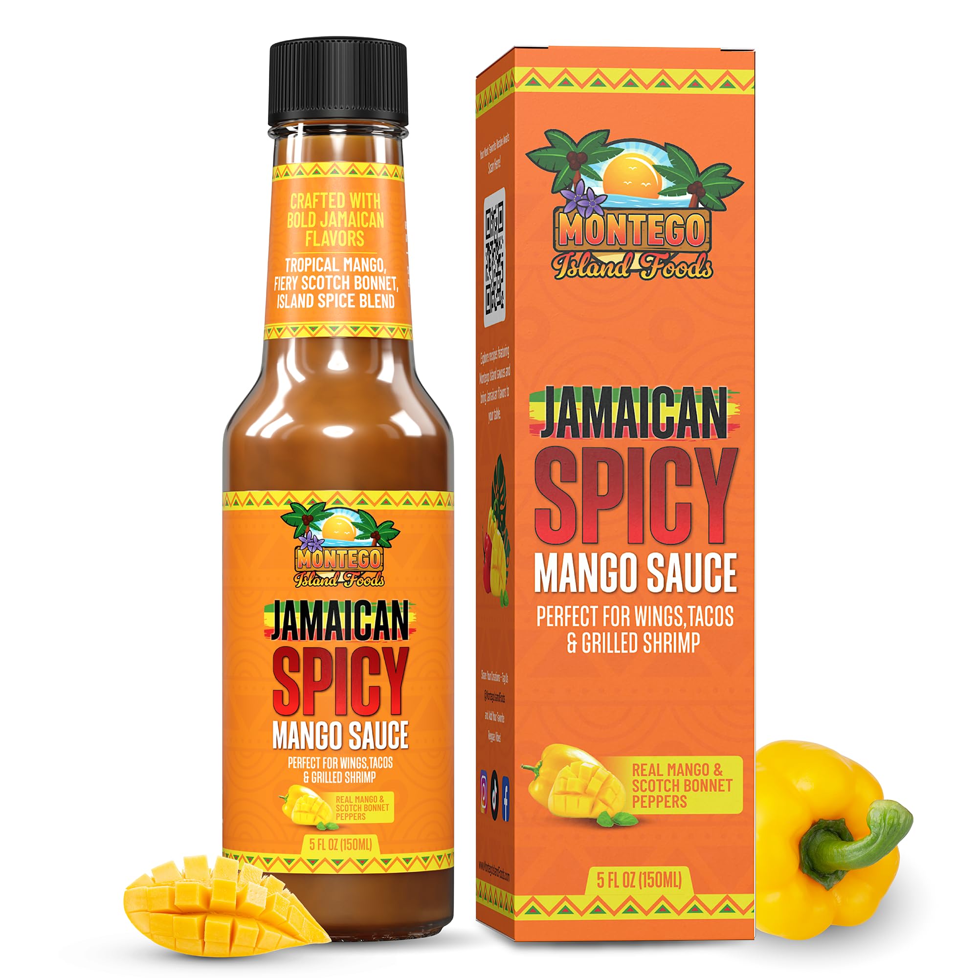 Montego Island Foods Jamaican Spicy Mango Sauce - Real Mango, Fiery Scotch Bonnet Peppers, Zesty Lime Juice & Juicy Golden Raisins - Sweet, Tangy