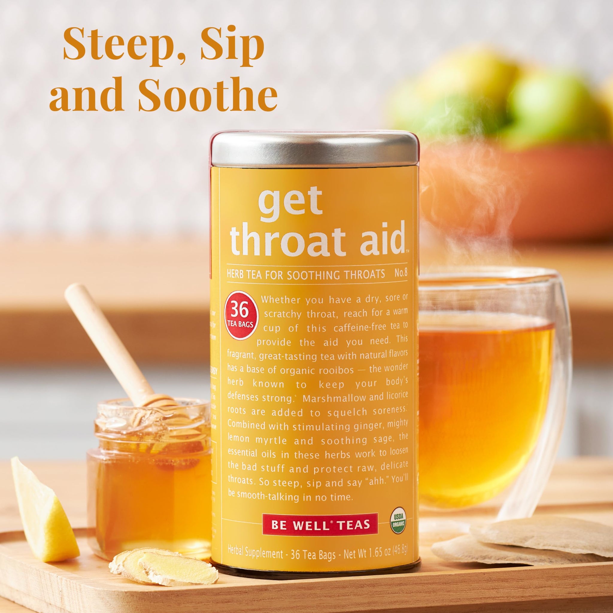 The Republic of Tea - Organic Get Throat Aid Herb Tea Tin, 36 Tea Bags, Naturally Caffeine Free Be Well Tea