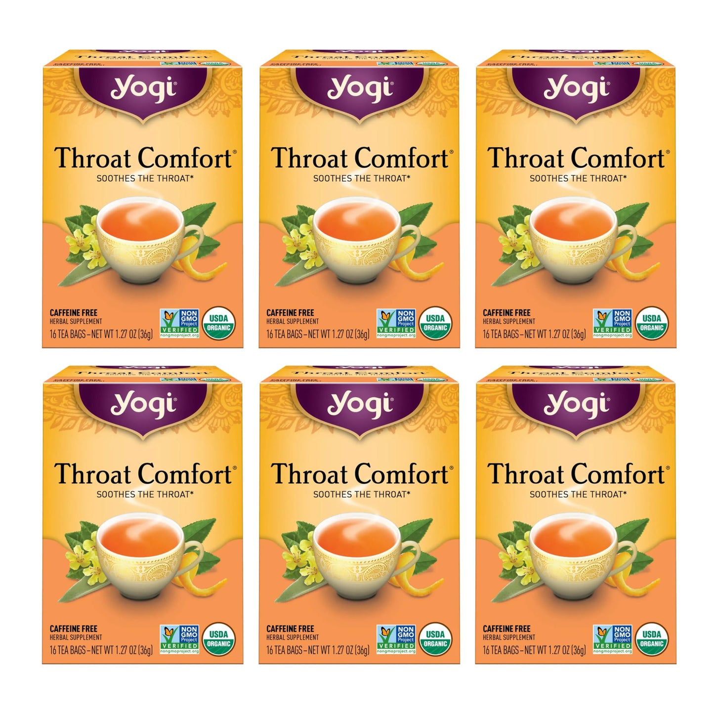Yogi Tea - Throat Comfort (6 Pack) - Soothes the Throat with Wild Cherry Bark, Licorice Root, Mullein, and Ginger - Caffeine Free - 96 Organic Herbal