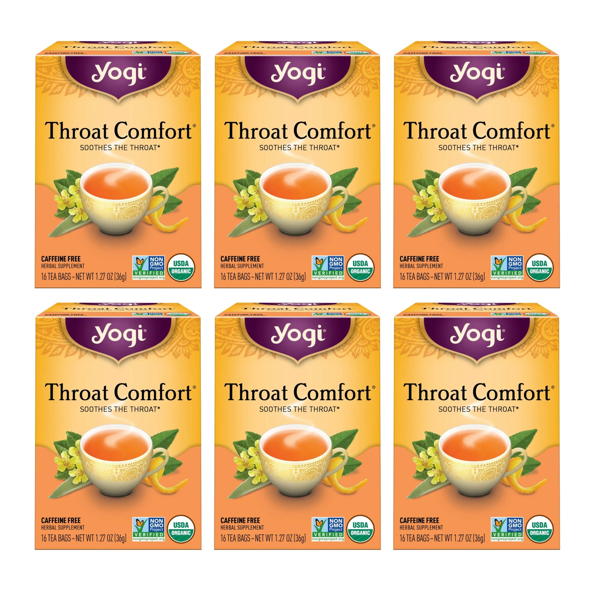 Yogi Tea - Throat Comfort (6 Pack) - Soothes the Throat with Wild Cherry Bark, Licorice Root, Mullein, and Ginger - Caffeine Free - 96 Organic Herbal