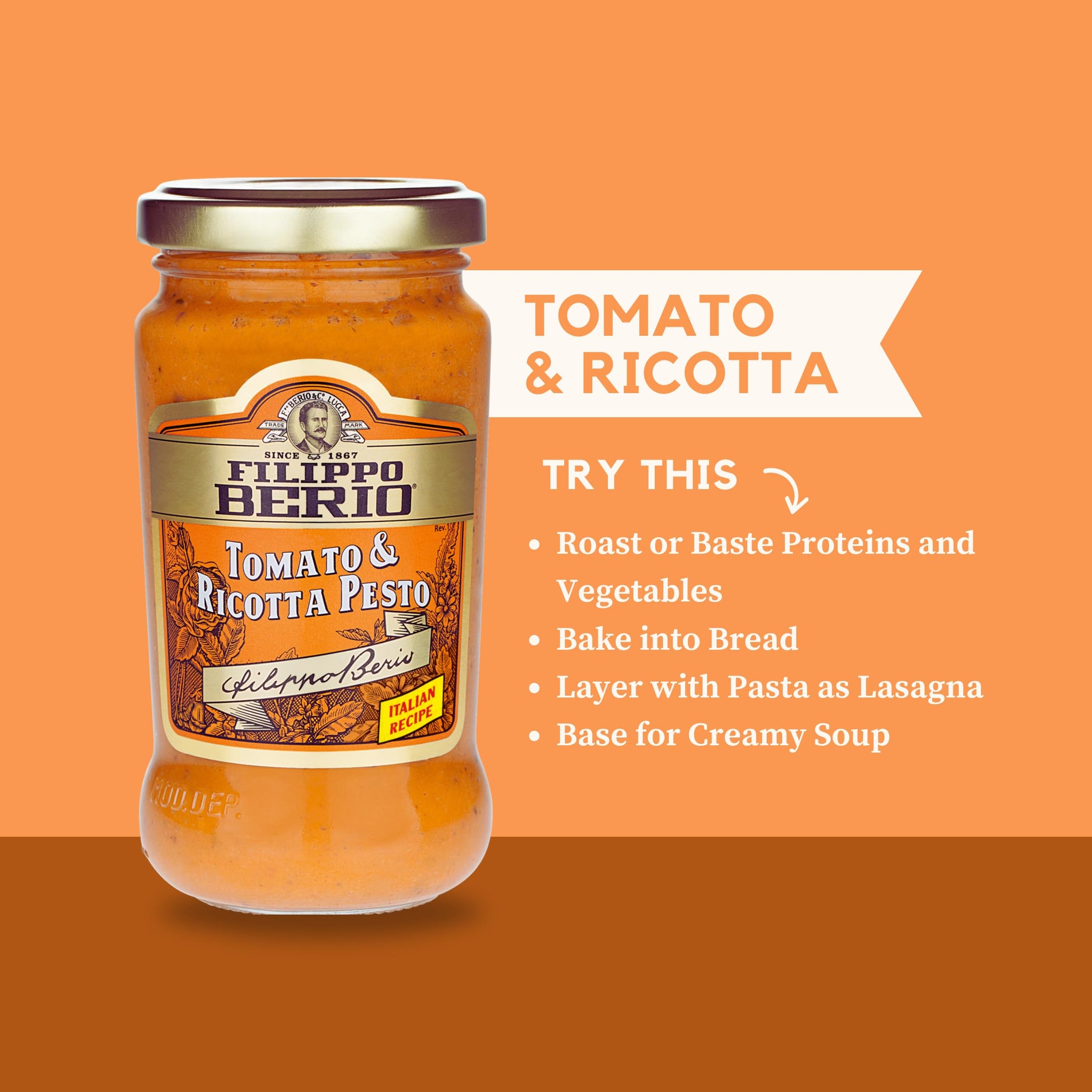 Filippo Berio Pesto, Tomato & Ricotta, 6.7 Ounce Glass Jar, Gluten Free, Non-GMO