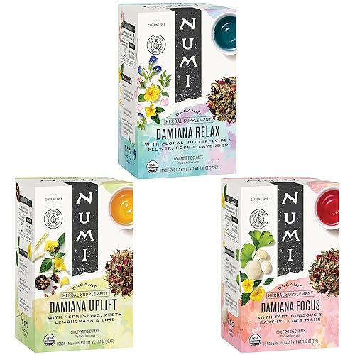 Numi Organic Damiana Herbal Tea Variety Pack - Relax, Focus & Uplift with Damiana, Butterfly Pea Flower, Lemon Balm, Gingko (Pack of 3), 16 Count