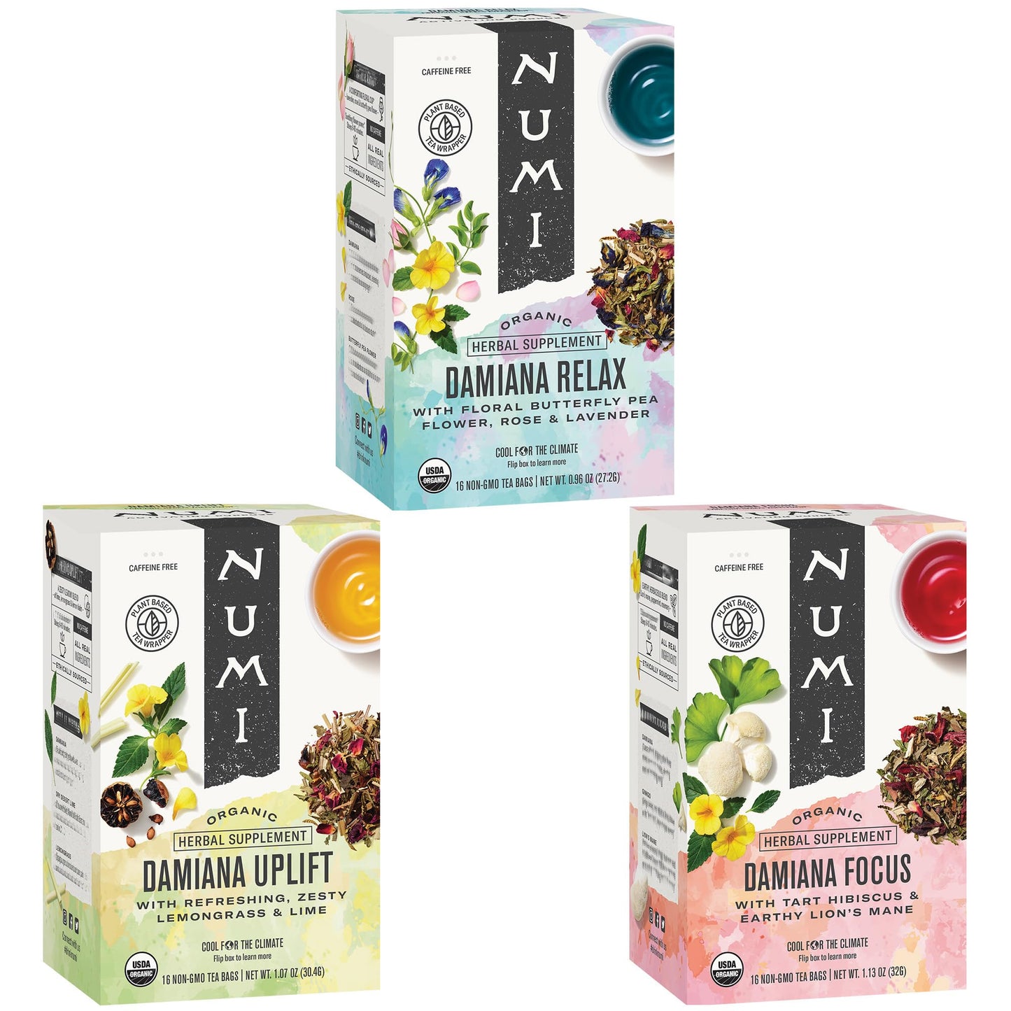 Numi Organic Damiana Herbal Tea Variety Pack - Relax, Focus & Uplift with Damiana, Butterfly Pea Flower, Lemon Balm, Gingko (Pack of 3), 16 Count