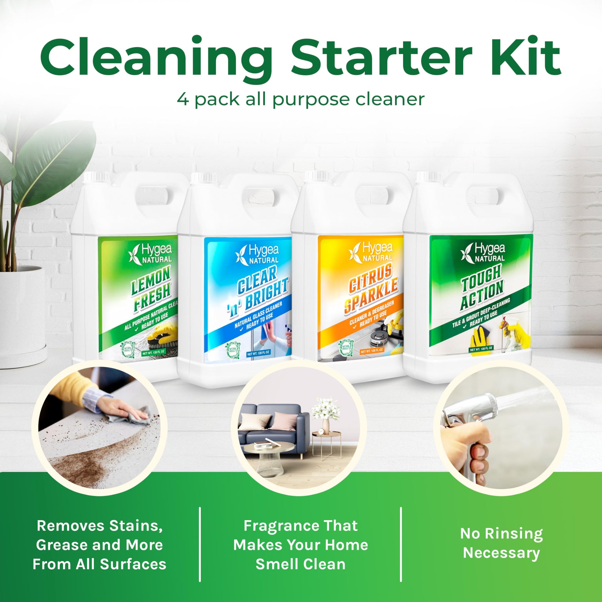 Hygea Natural Cleaning Starter Kit - 1 Gallon - Eco-Friendly Household Cleaners - Degreaser, All Purpose Cleaner, Glass Cleaner, & Tile and Grout