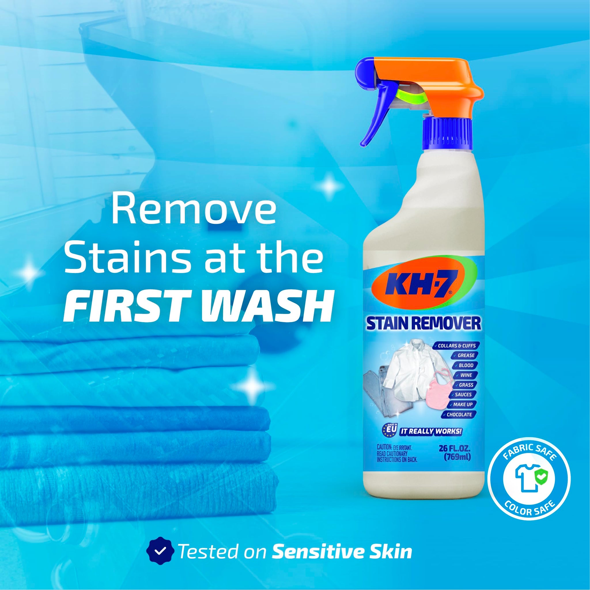 KH7 Stain Remover: Powerful Pre-Treatment for Tough Stains on Clothes. Removes All Types of Stains, Blood, Grass, Grease, Makeup and More, 26 oz