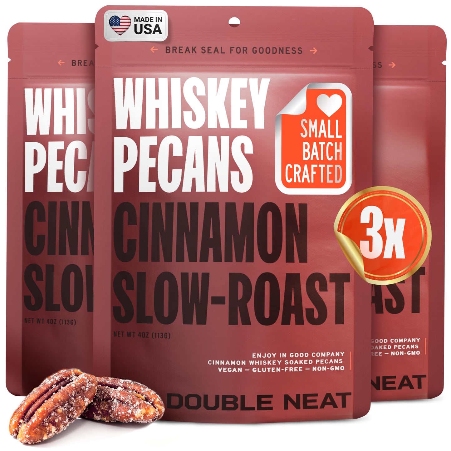 Double Neat Cinnamon Whiskey Pecans - Healthy Fathers Day Snacks Gift - Bourbon Snacks for Men - Vegan & Gluten-Free - Cinnamon Slow-Roasted Candied
