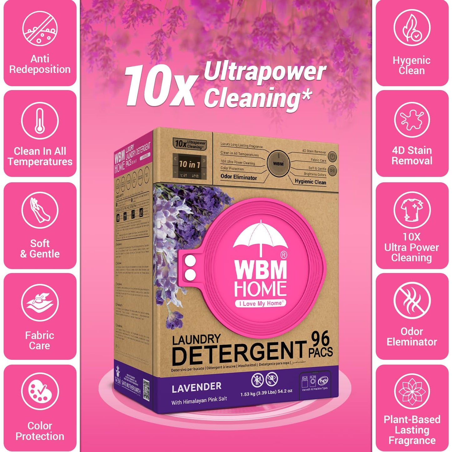WBM 10-in-1 Laundry Pods with Softener & Scent Booster, 96 Count, High Efficiency (HE), Fabric Softener, Lavender Extracts, Stain Lifter