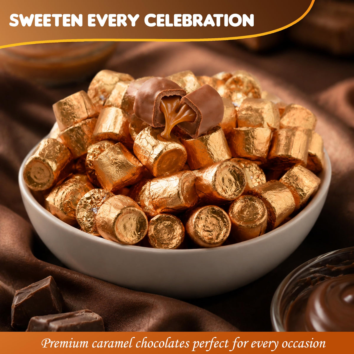 Caramel Milk Chocolate Candy 1lb, Gold Wrapped Sweets for Parties & Gifts