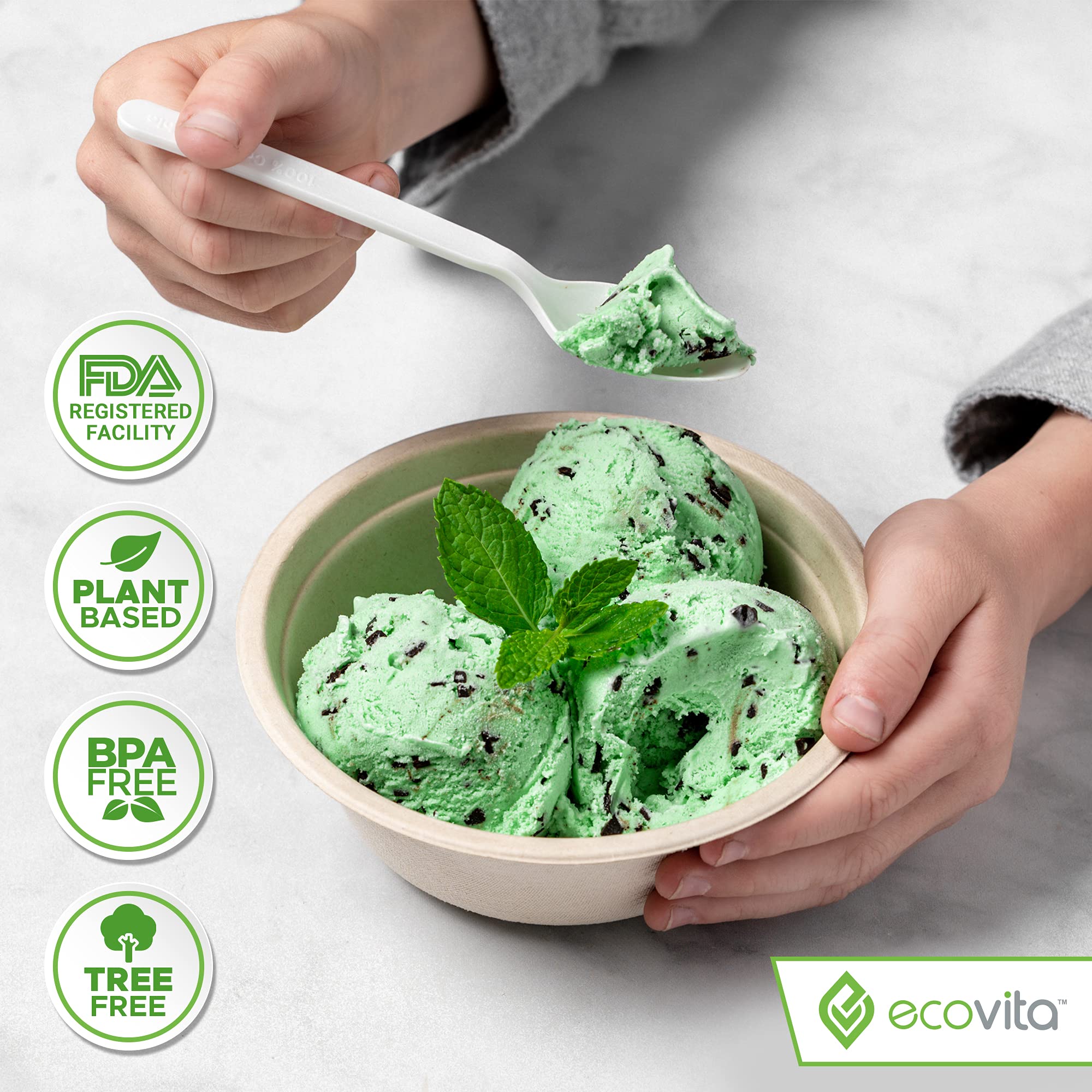 Ecovita 100% Compostable Spoons - 500 Large Disposable Utensils (6.5 in.) Bulk Size Eco Friendly Durable and Heat Resistant Alternative to Plastic
