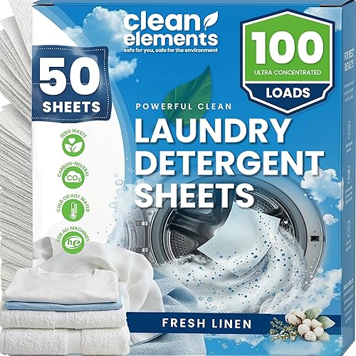 Clean Elements Laundry Detergent Sheets (100 Loads, 50 Sheet) Fresh Linen Scent, Eco Earth Friendly Clean Breeze, Non Toxic People Safe, Washing