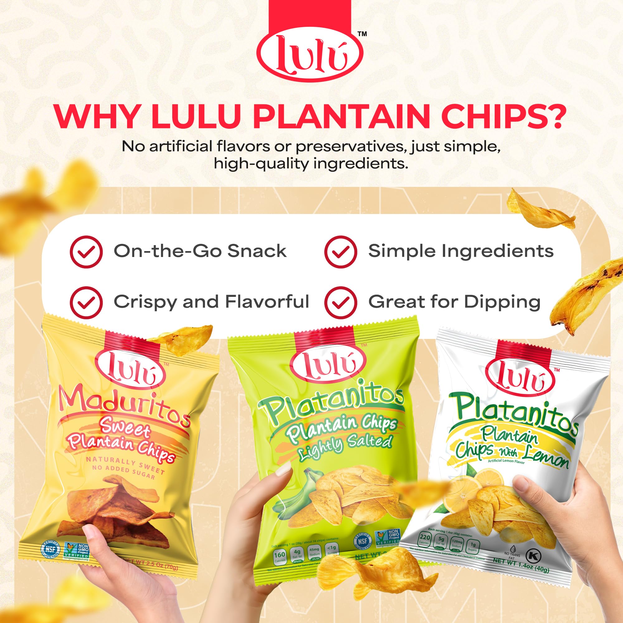 LULU Plantain Chips Variety Pack, 12 Individual Bags - 6 Lemon, 4 Lightly Salted, 2 Sweet Flavors - Crunchy Platanitos Chips, No Preservatives or
