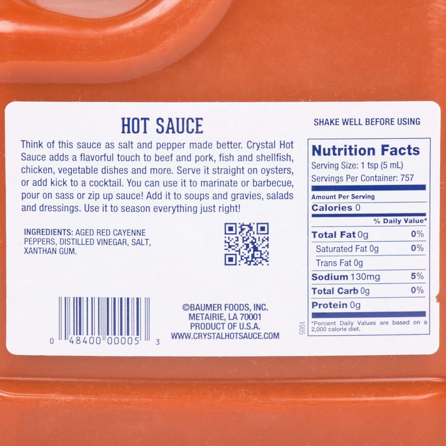 Crystal Hot Louisiana's Pure Hot Sauce, 1 Gallon / 128 Fl Oz Food Service Pack