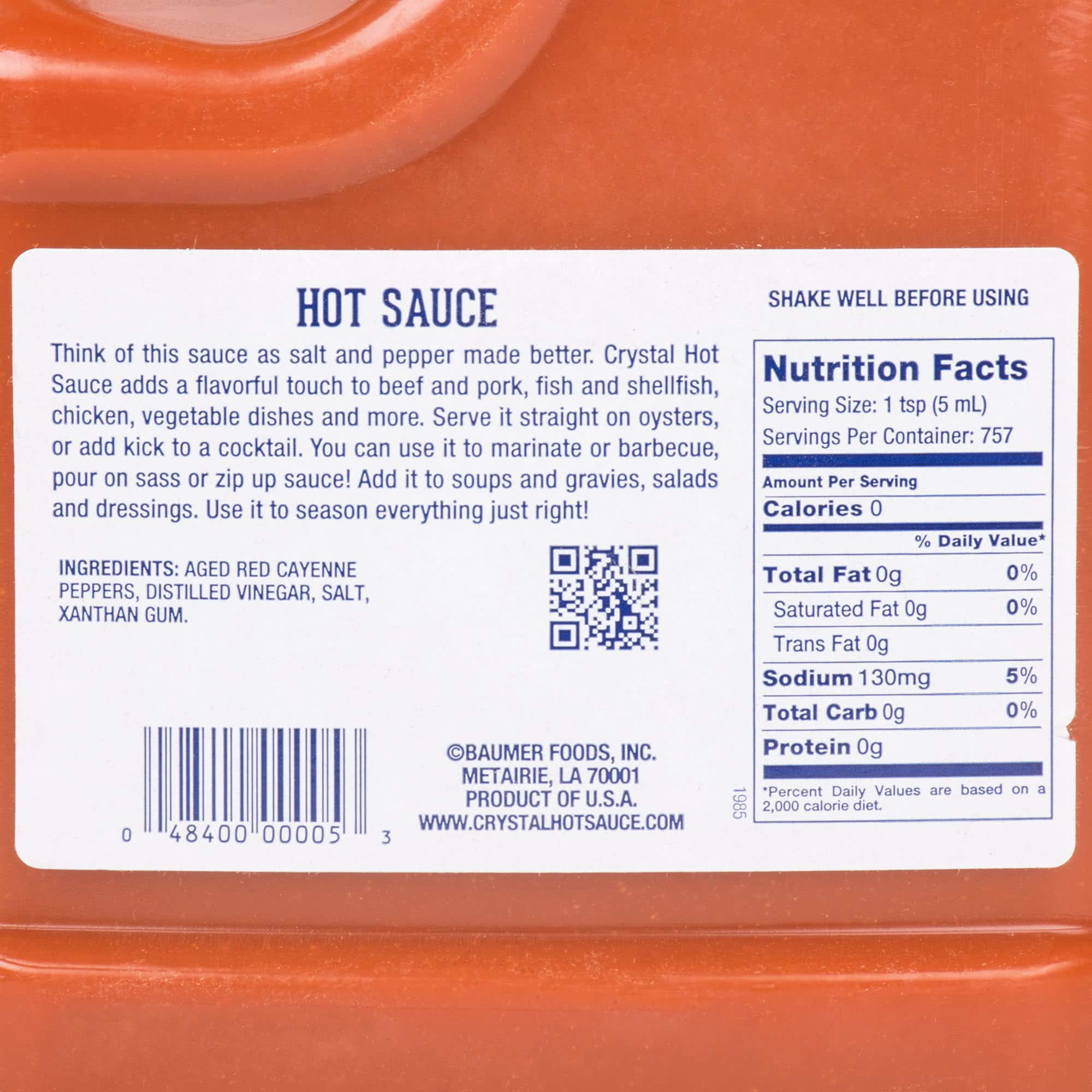 Crystal Hot Louisiana's Pure Hot Sauce, 1 Gallon / 128 Fl Oz Food Service Pack