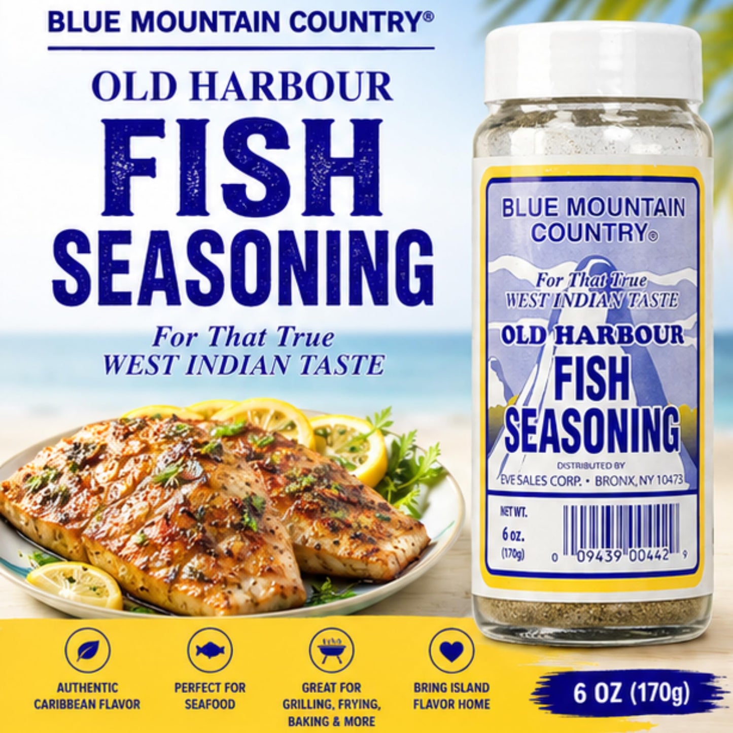 Blue Mountain Country Jamaican Fish Seasoning, 6 Oz - Authentic Caribbean Seafood Spice Blend for Fish, Shrimp, Salmon, Tilapia, Frying, Grilling