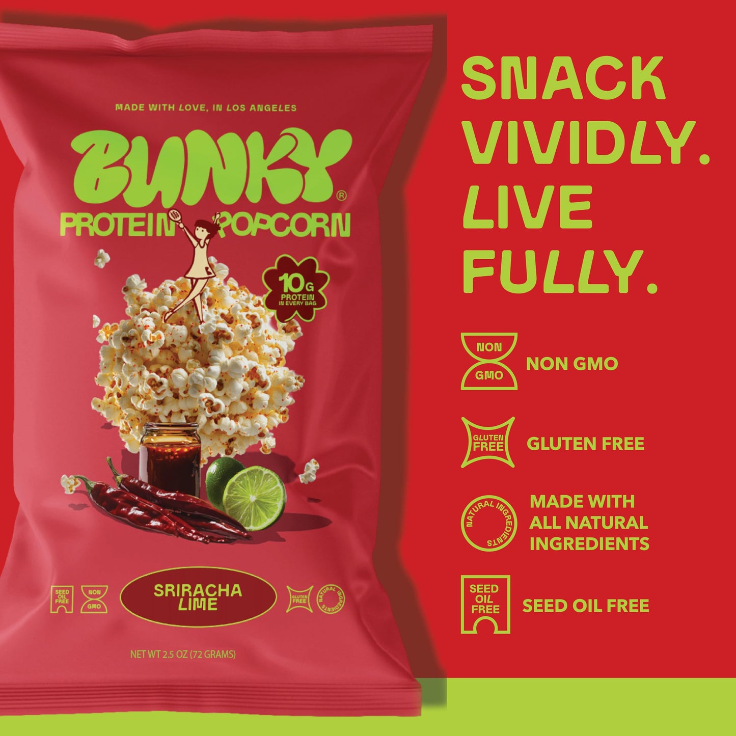 BUNKY Protein Popcorn | Premium High-Protein Air-Popped Snack | Aged White Cheddar & Sriracha Lime | Low Calorie, High Fiber, Guilt-Free Crunch | 10g
