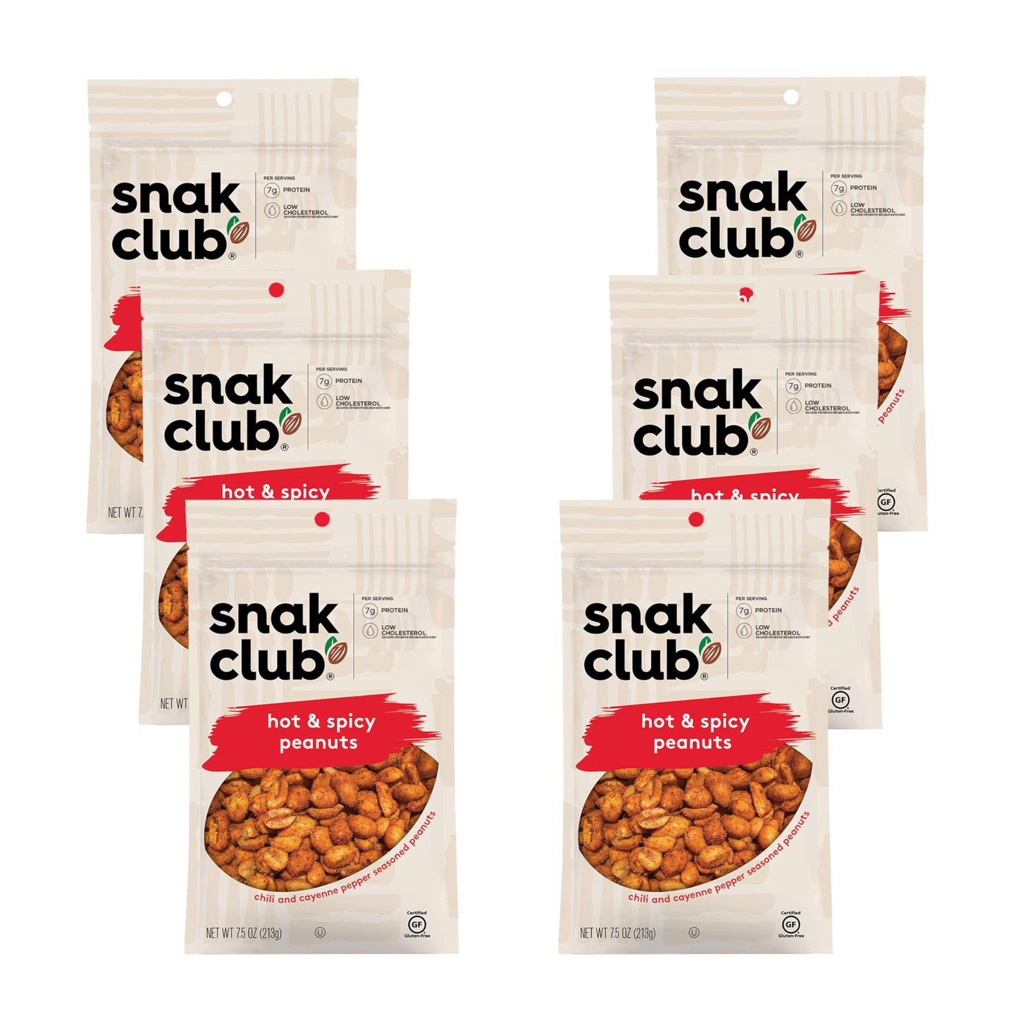 Snak Club Hot and Spicy Peanuts, Chili and Cayenne Pepper Seasoned Nuts, Gluten-Free and Kosher Snack, 7.5 oz Resealable Bags, 6 Pack