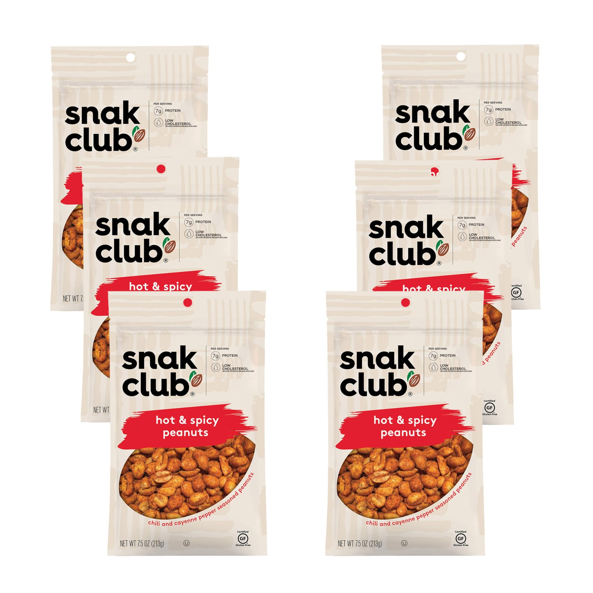 Snak Club Hot and Spicy Peanuts, Chili and Cayenne Pepper Seasoned Nuts, Gluten-Free and Kosher Snack, 7.5 oz Resealable Bags, 6 Pack