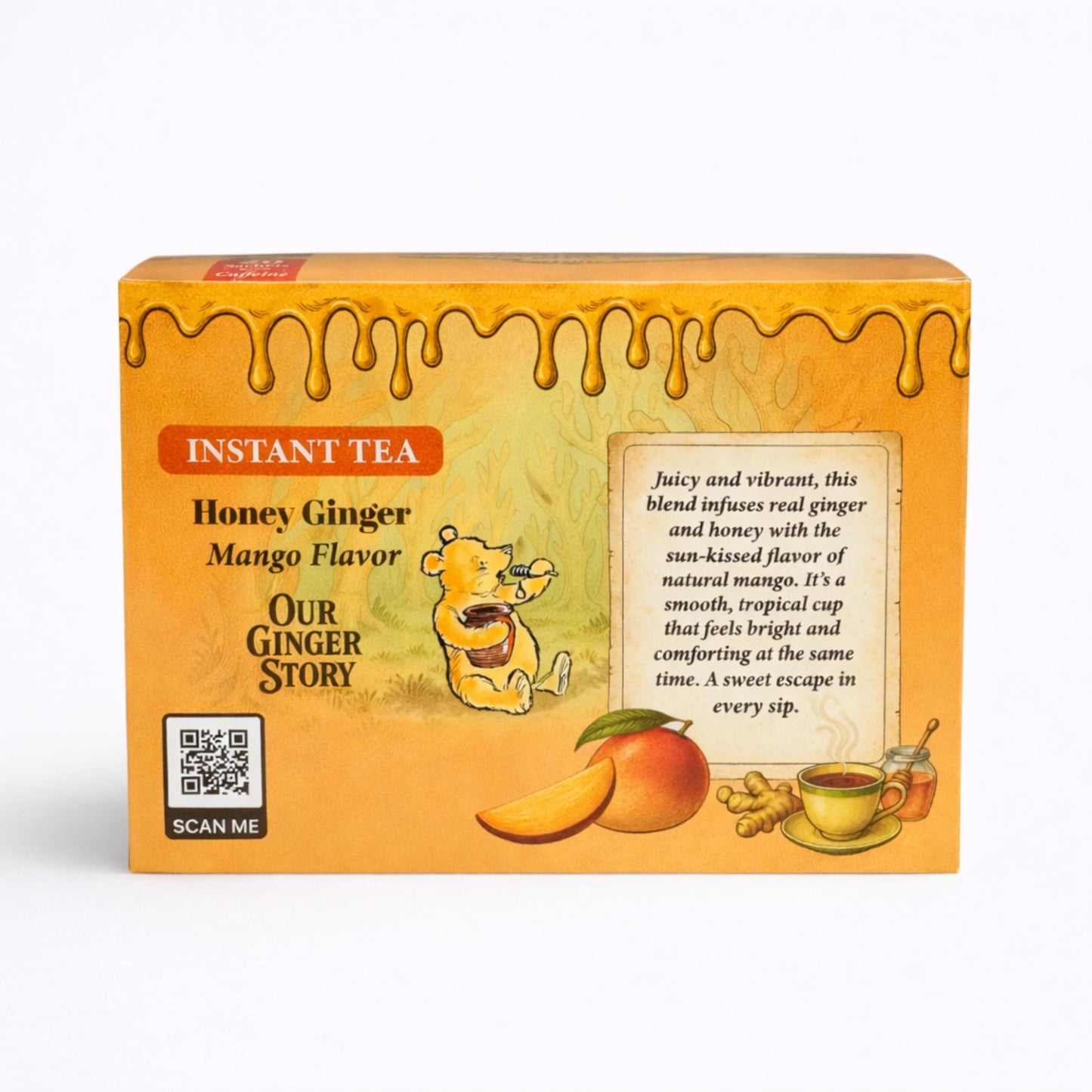 Premium Honey Ginger Instant Tea Crystals, Mango Flavor, 20 Sachets, Real Ginger, Real Honey, Pure Cane Sugar, Caffeine Free, Hot Or Cold Single Serve