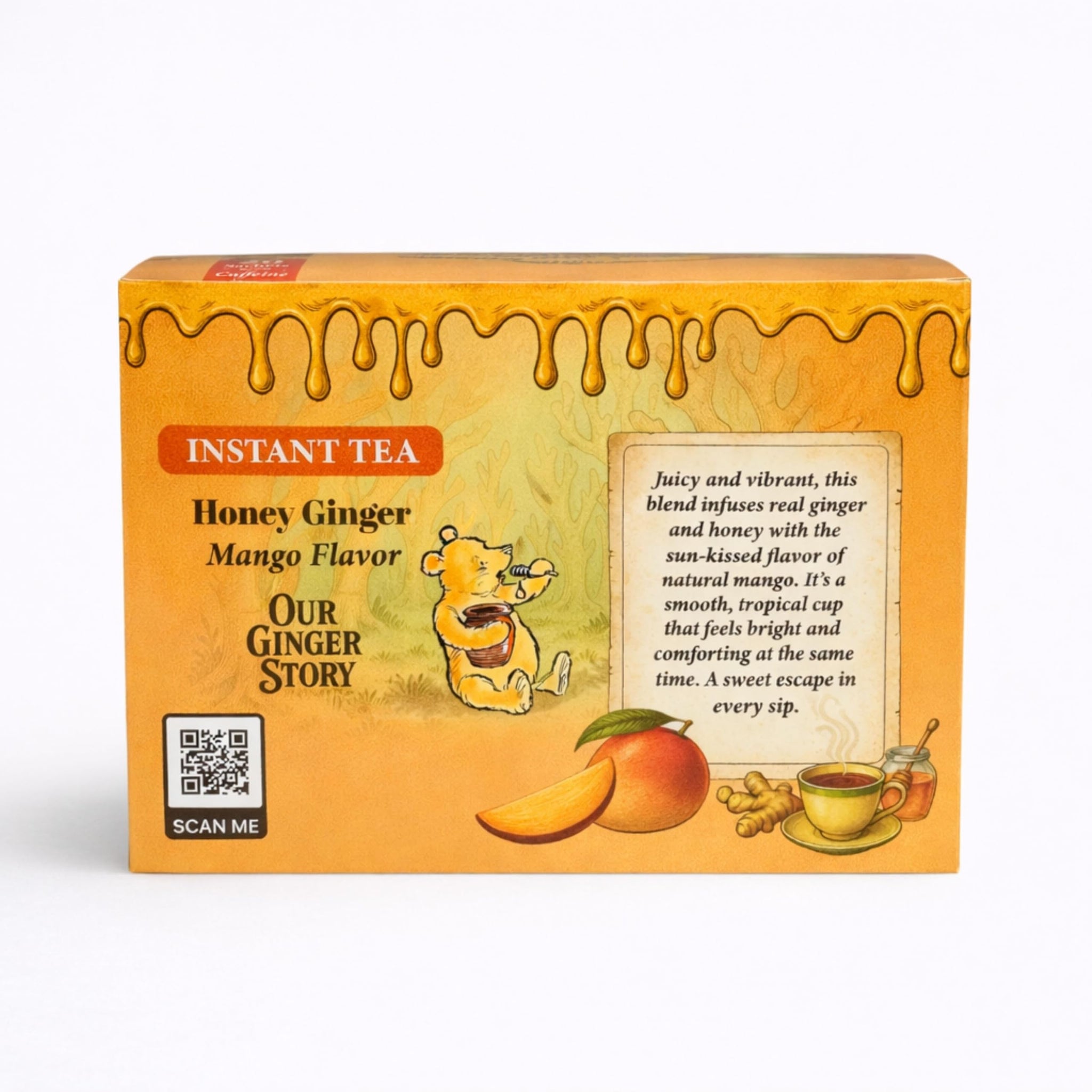 Premium Honey Ginger Instant Tea Crystals, Mango Flavor, 20 Sachets, Real Ginger, Real Honey, Pure Cane Sugar, Caffeine Free, Hot Or Cold Single Serve