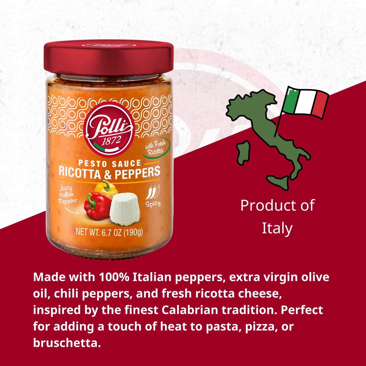 Polli Pesto Sauce Ricotta & Peppers | Pasta Risotto and Bruschetta Sauce | Spicy, Made In Italy - 2 Pack (6.7 oz Each)