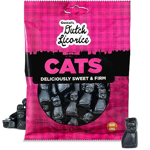 Gustaf's Dutch Licorice Cats - 5.2oz Bag - Sweet Black Licorice Cats - Dutch Candy from Netherlands - Sweet Black Liquorice Treats