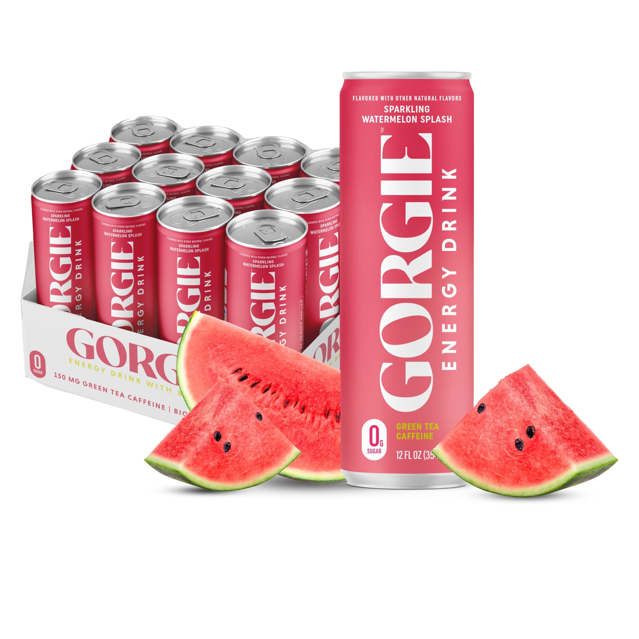 GORGIE Sugar Free Natural Energy Drinks, Sparkling Watermelon Crush (12 Pack) - Healthy Energy Drink - Natural Coffee Replacement with Green Tea