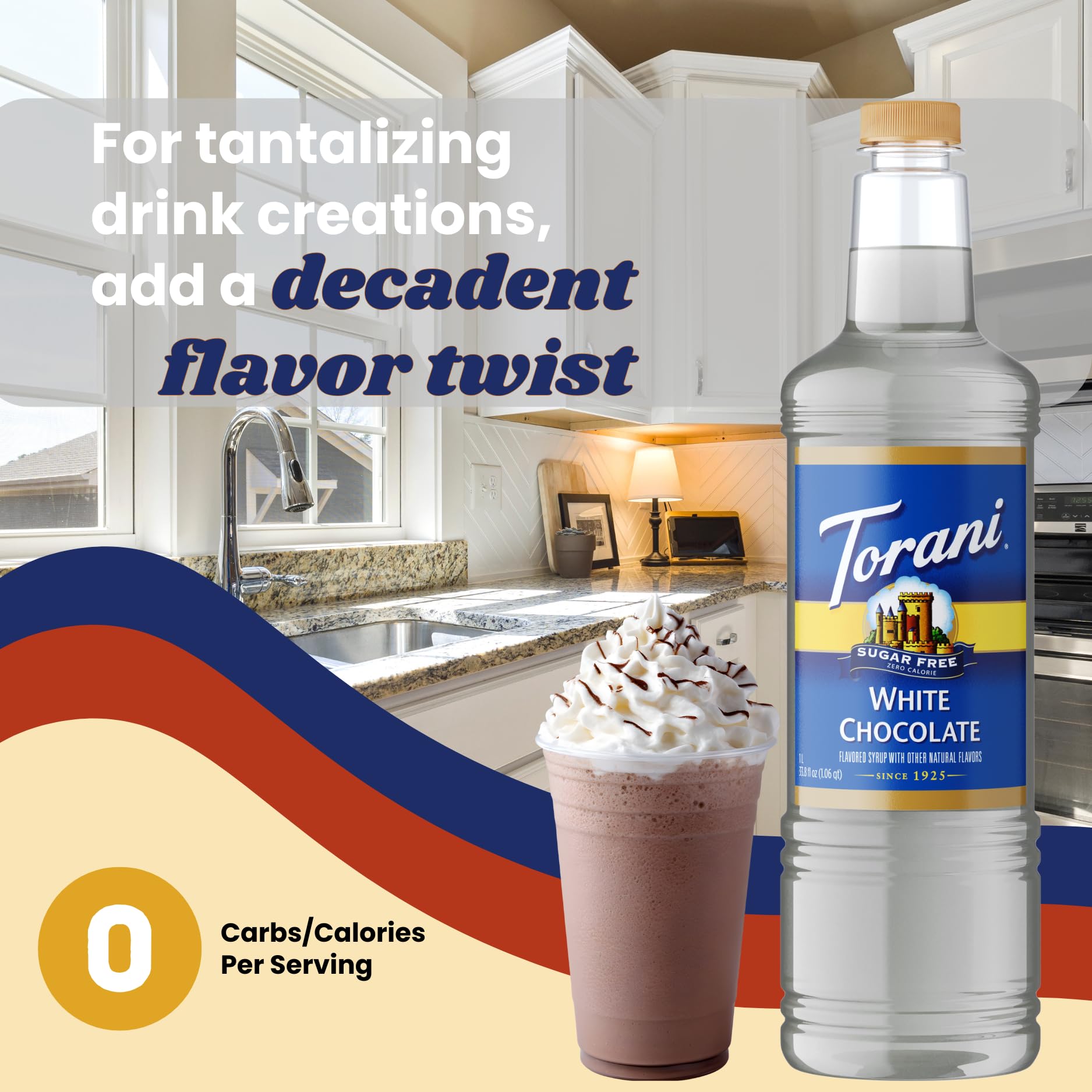 Torani Sugar Free White Chocolate Syrup 1 Liter Bottle with Pump - Zero Calorie Keto-Friendly Coffee Syrup for Lattes, Cold Brews & Desserts
