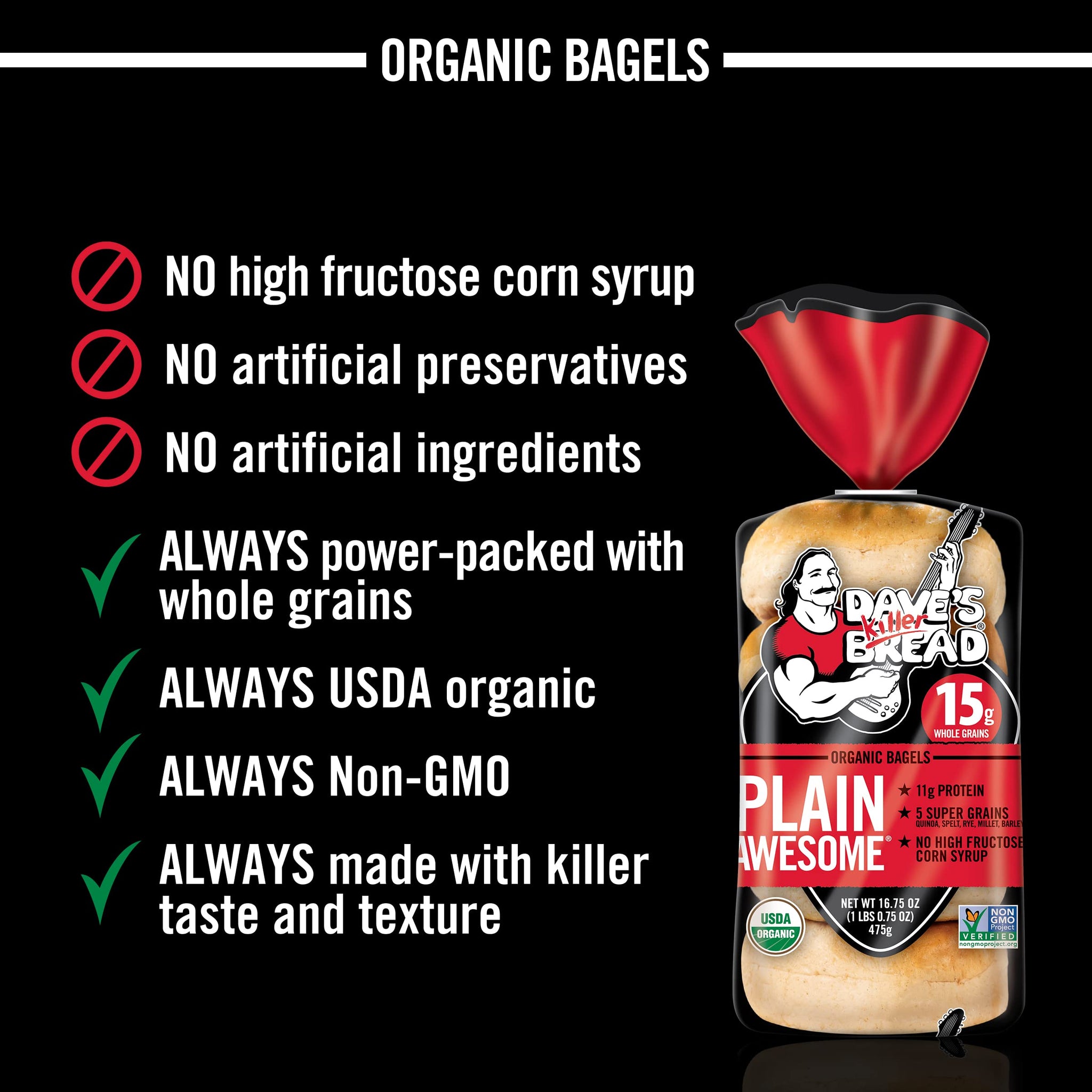 Dave's Killer Bread Plain Awesome Bagels, Organic Bagels, 15g Whole Grains per Bagel, 5 Count