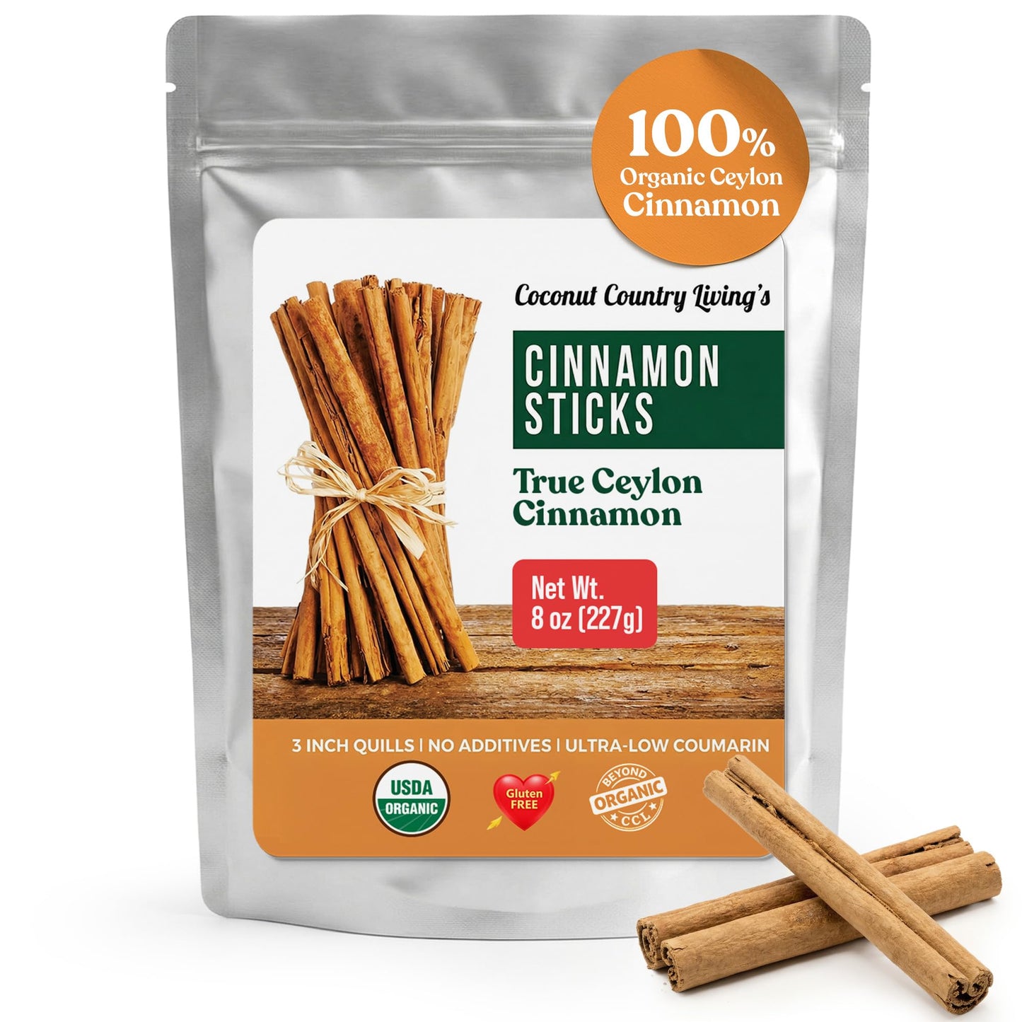 Organic Ceylon Cinnamon Sticks, 8 oz | Fair Trade Sourced Ceylon Cinnamon Sticks From Sri Lanka, Gluten Free | Organic Spice for Tea, Baking & Cooking