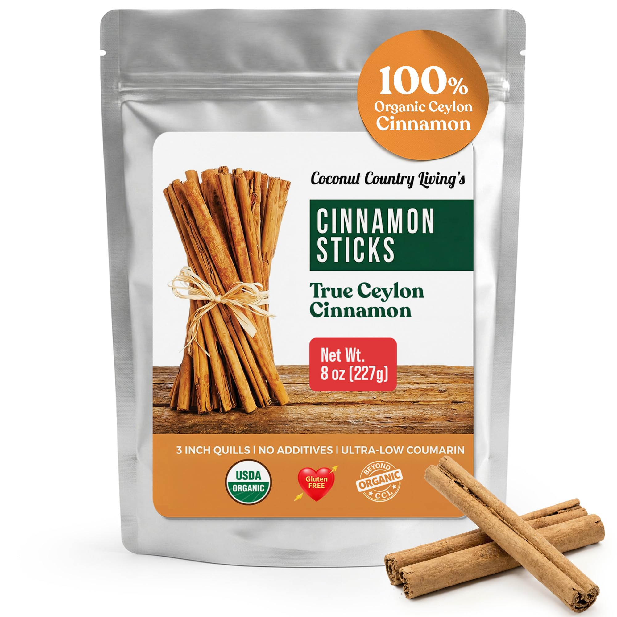 Organic Ceylon Cinnamon Sticks, 8 oz | Fair Trade Sourced Ceylon Cinnamon Sticks From Sri Lanka, Gluten Free | Organic Spice for Tea, Baking & Cooking