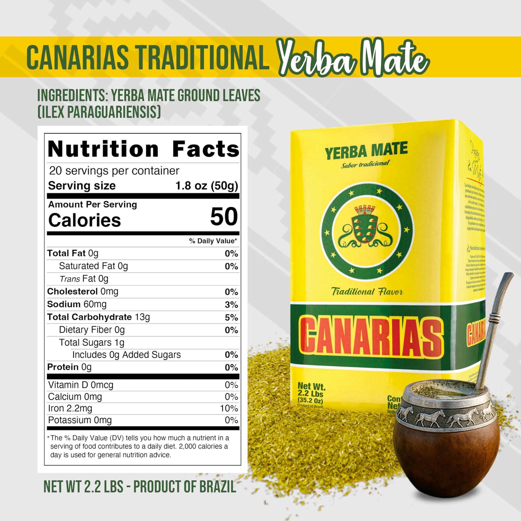 Canarias Yerba Mate Traditional 2.2 lb - Uruguayan Yerba Mate Tea - Ground Leaf Without Stems (Sin Palo) | Strong & Full-Bodied Flavor
