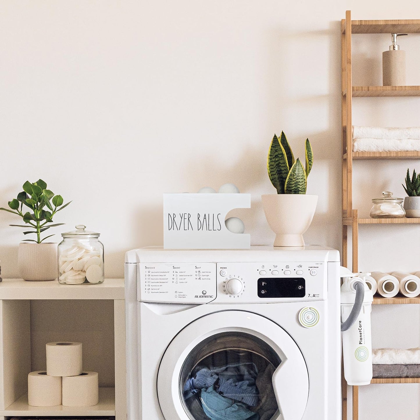 Dryer Ball Holder for Laundry Room, Dryer Balls Container Wall Mount, Wood Dryer Balls Storage Organizer, Wool Dryer Ball Dispenser Basket (White)